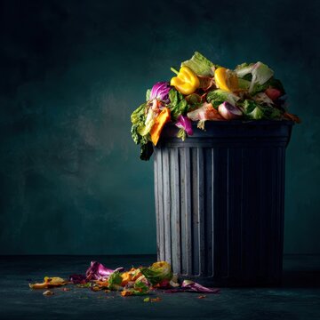 Overflowing trash bin full of vegetable scraps and organic waste. Conceptual image for food waste awareness.
