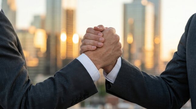 Professional Business Partners Shaking Hands in a Close-Up Grip Against a Modern City Skyline at Sunset Symbolizing Success, Trust, and Collaboration