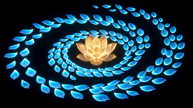 Golden lotus flower blooms in the center of a glowing blue petal spiral, forming a vibrant mandala design against a pitch black background vector.
