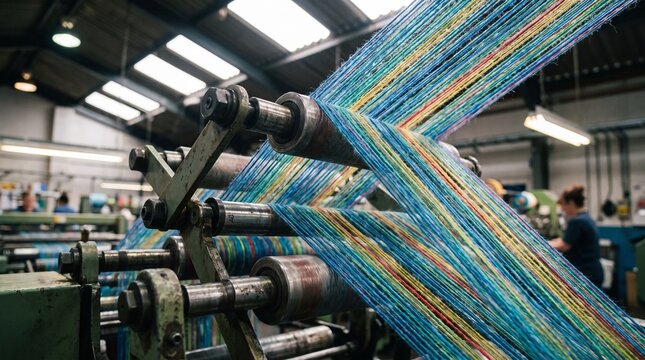 Textile manufacturing machine in factory. Industrial weaving process of colorful yarn.