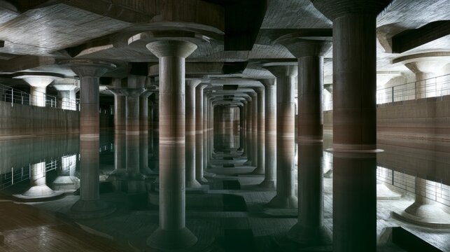 Water storage facility shows large underground space with columns and calm reflecting water