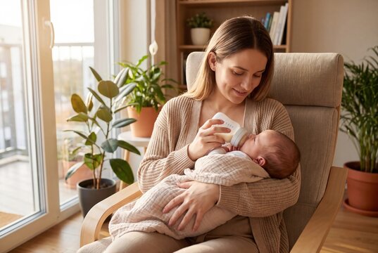 Mother feeding newborn baby with milk bottle sitting in cozy armchair