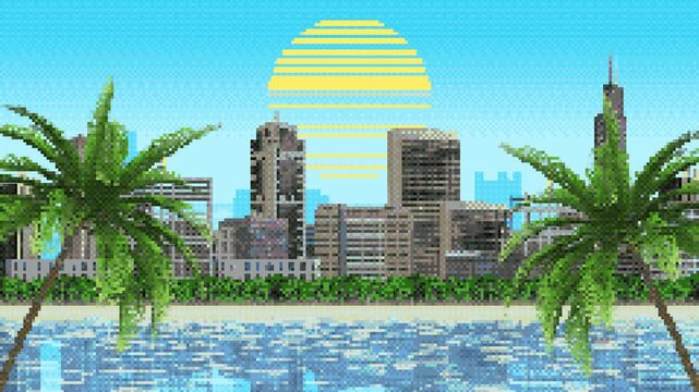 8-bit pixel looping animation with a daytime panorama of a seaside resort city