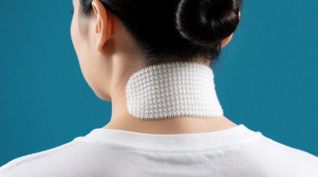 Woman gets cooling patch on neck for fever relief. Person uses gel pack on back of head against illness. Health care item applied to skin for temperature reduction.