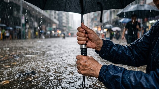 A person holds an umbrella in the pouring rain on a flooded city street, with blurred figures and buildings in the background.