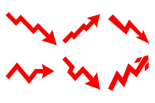 Red jagged downward and upward arrow stock market investment decline chart vector design bundle for business analytics