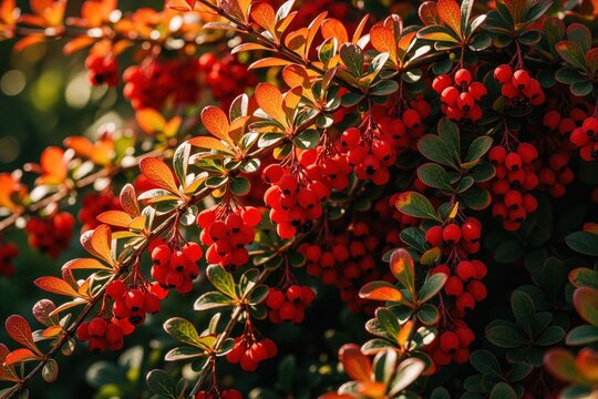 Red barberry bush branch close up. Tiny ripe berries grow in clusters on a plant with orange and green leaves. Autumnal nature detail in sunlight. Fresh organic fruit.