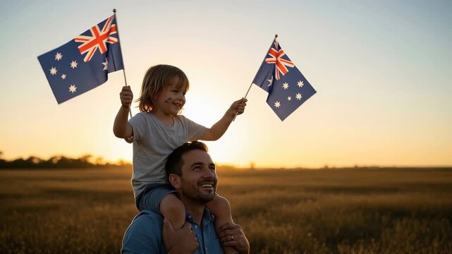 Father carrying his son on shoulders with australian flags