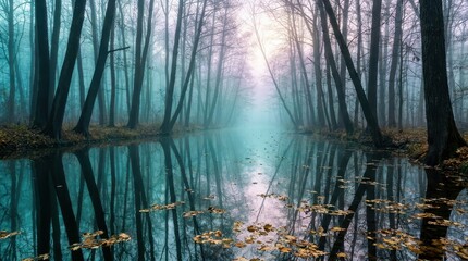 A serene autumn forest river landscape with mysterious morning fog, calm water reflections and fallen golden leaves in a peaceful natural environment © zahra