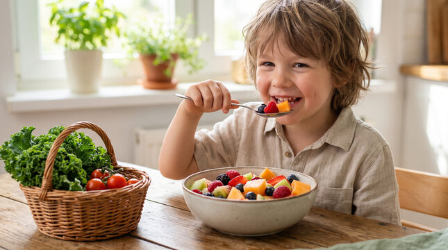 Child happily eating a fruit salad