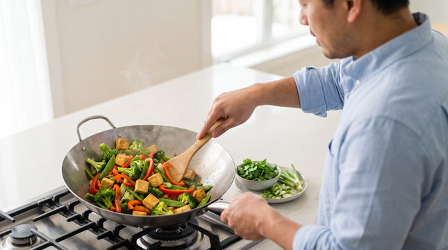Man preparing a vegan stir-fry 
