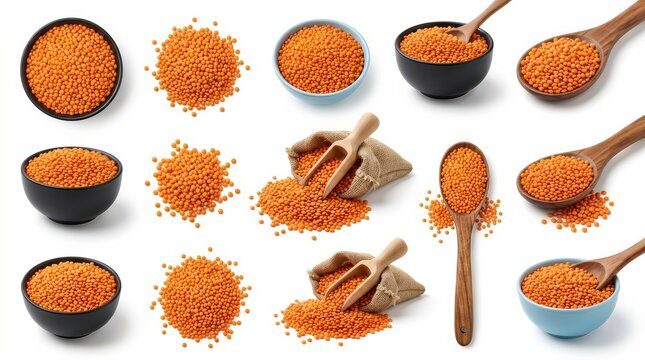 Set of red lentils isolated on white background with bowls and wooden spoons.