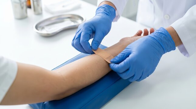 Doctor in blue medical gloves applying an adhesive bandage to a patient's arm in a clinic.