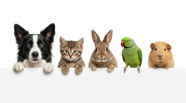 Cute pets peeking out from the bottom edge on a white background for banner design.