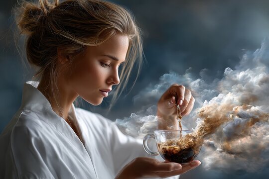 Woman stirring coffee while immersed in dreamy cloud-like atmosphere at sunrise