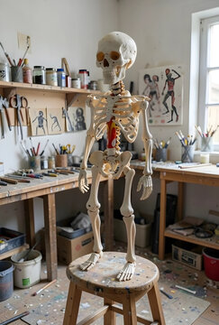 Anatomical skeleton model standing on a wooden stool in an artists studio with art supplies and drawings