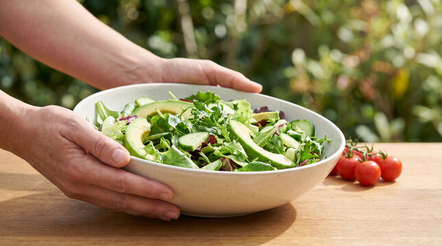 Hands holding a fresh green salad bowl