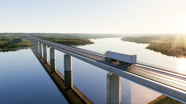 Truck travels on a high bridge over a river during sunset with green hills in the background