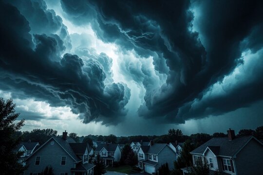 Massive dark storm clouds gather over quiet suburban houses. Light pierces through menacing thunderheads as rain begins to fall. Ominous weather descends on a peaceful neighborhood.