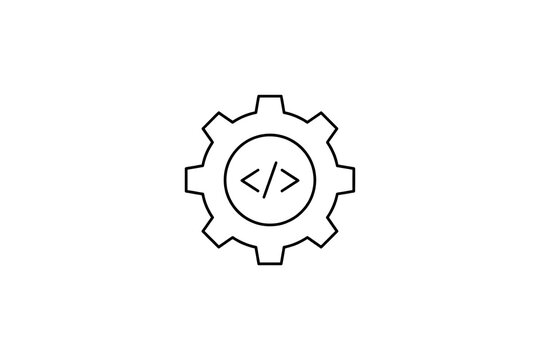 Minimalist gear icon with code brackets symbol representing software development and technical engineering processes