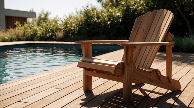 Wooden Adirondack chair rests on deck by sunny swimming pool. Natural wood furniture offers poolside relaxation spot. Refreshing blue water invites summer leisure, vacation escape.
