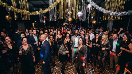 Obraz premium Diverse group of people celebrating at a glamorous party with confetti and streamers
