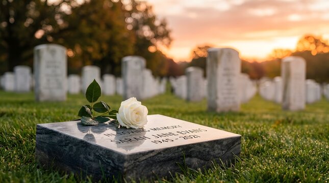 White rose lying on a granite grave marker in a cemetery at sunset with cemetery, memorial