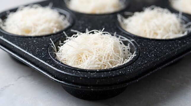 Raw shredded phyllo dough in a muffin tin for baking traditional Mediterranean desserts.