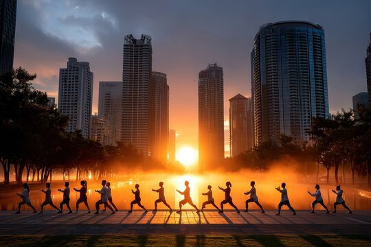 Martial artists practice forms at sunset in an urban park with skyscrapers in the backdrop