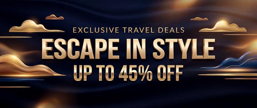 Exclusive travel deals banner with golden typography and luxury abstract