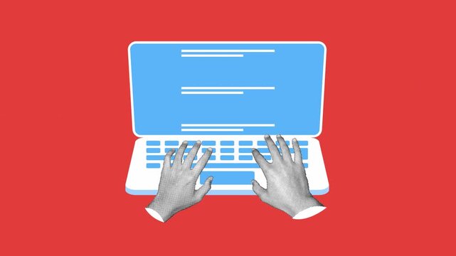 halftone collage style hand with laptop, hand typing on keyboard, from front view, with a red background animation