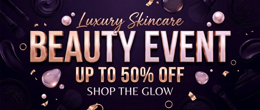 Luxury skincare beauty event discount promotional banner with skincare, discount