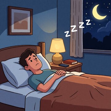 Sad man lies awake in bed at night. He looks worried, cannot sleep due to insomnia. Moon shines through window while lamp glows on bedside table. Mental health stress, anxiety concept illustration.