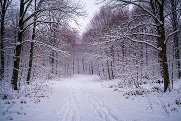 Obraz premium Snowy forest path leads through bare trees covered in frost and snow. Winter wonderland scene with gentle snowfall creates peaceful atmosphere, ideal for nature photography and winter themes.