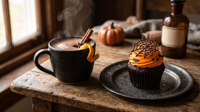 Spooky Brew and Eerie Treat A steaming dark beverage adorned with a citrus twist sits beside a Halloween-themed chocolate cupcake topped with orange spiderweb frosting