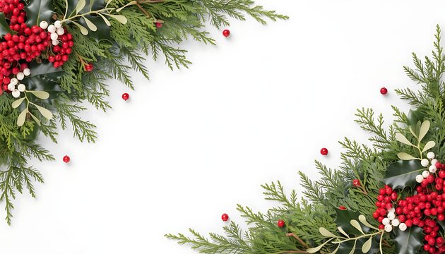 Christmas diagonal frame with cypress branches, holly and red berries