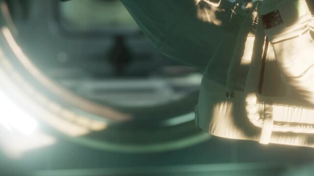 An astronaut moves inside a spacecraft during a space mission. The lights create reflections on the spacesuit. The focus is on the suit and the interior of the spacecraft.