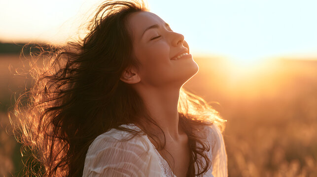 A backlit portrait captures a serene, smiling woman with her eyes closed, basking in a beautiful, sunset-filled moment in the fields