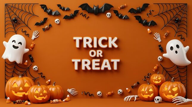 Festive halloween scene with pumpkins ghosts and trick or treat text