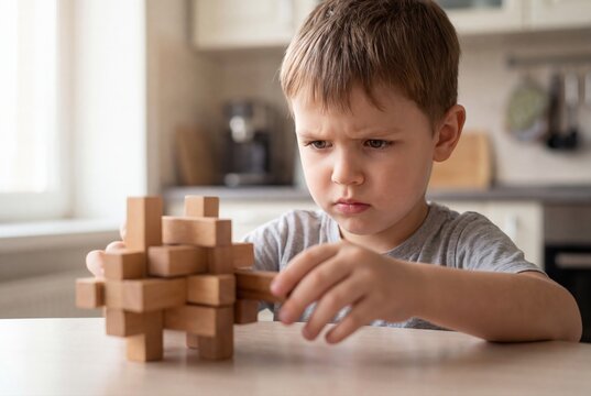 Frustrated little boy solving wooden puzzle game with focused mood