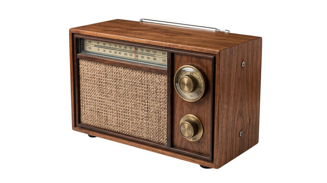 Vintage wooden radio with brass knobs, retro analog transistor receiver, classic mid-century audio equipment for home decor isolated PNG with Transparent Background