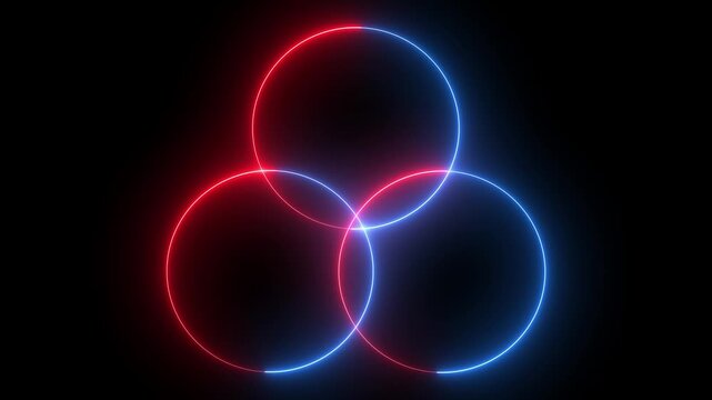 Dynamic glowing red and blue neon circle intersection a dark background light