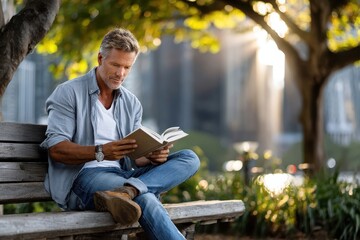 Obraz premium Man enjoys reading a book in a park during a sunny afternoon surrounded by nature