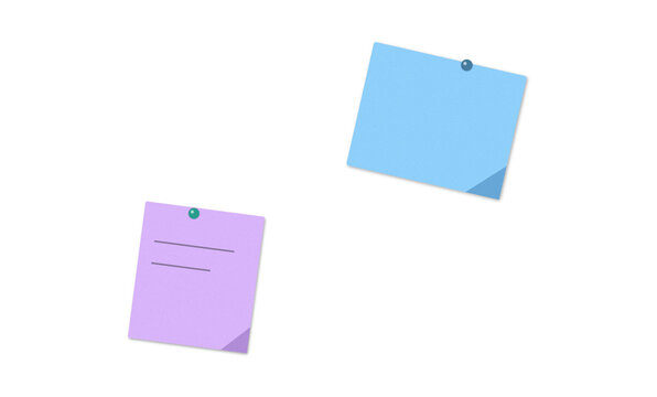 Two blank sticky notes, one purple with lines, one blue, secured with pushpins.