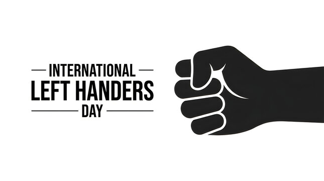 International left handers day text with a black fist icon isolated on white background