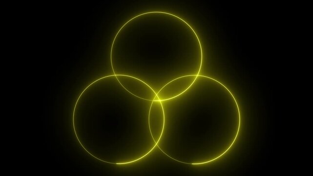 Glowing yellow neon circles intersection pattern three overlapping
