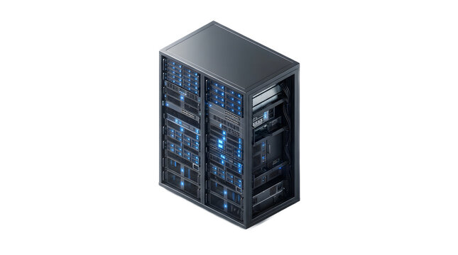 Isometric 3D server rack with glowing blue circuit network for data center technology visualization