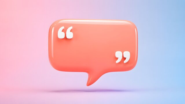 Coral pink speech bubble with quote marks on gradient pink and blue background.