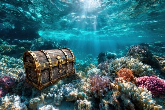 Sunlit Treasure Chest on Coral Reef Underwater Scene