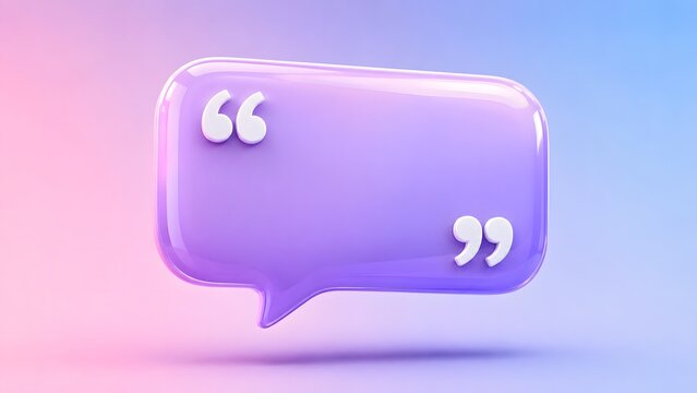 Purple speech bubble with quote marks on gradient pink and blue background.